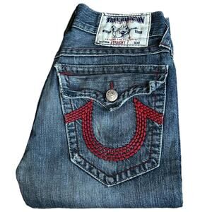 True Religion Y2K Red Thick Rope Stitch Straight Jeans